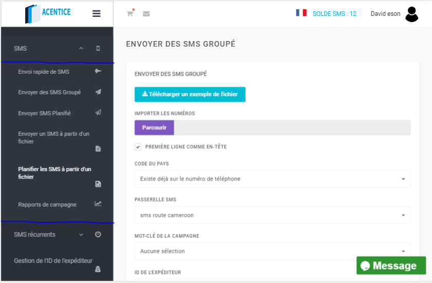 Acentice Envoi multiple sms